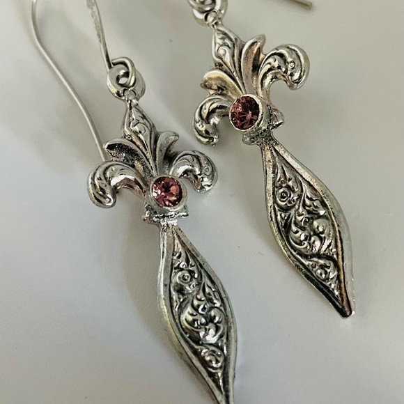 Virgins Saints & Angels Jewelry - VSA Fleur de Lis Cross Drop Earrings Antique Pink Swarovski Crystals